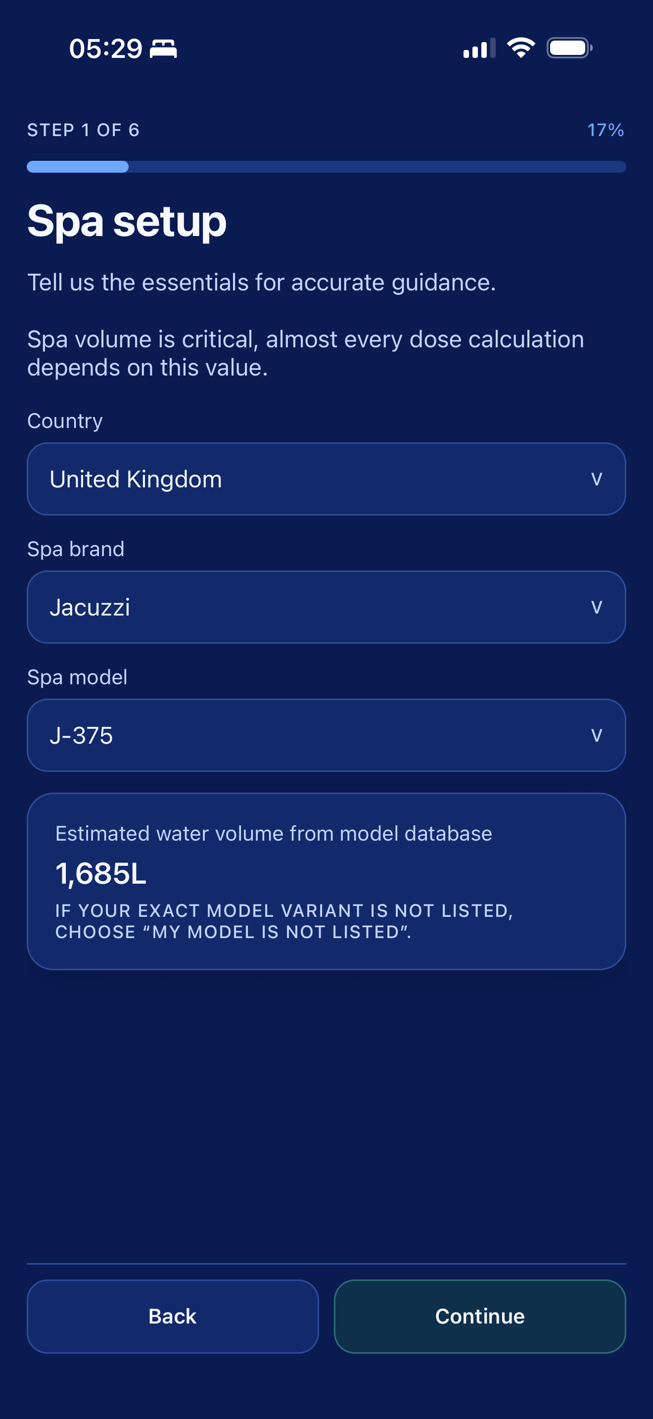 SpaWise app spa setup screen